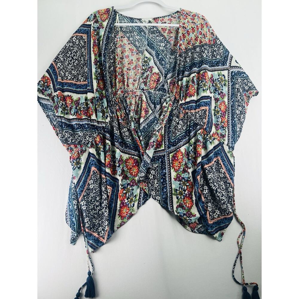En Creme Floral Boho Kimono Cover Up Tassel Tie 100% Rayon Size M - Picture 10 of 12